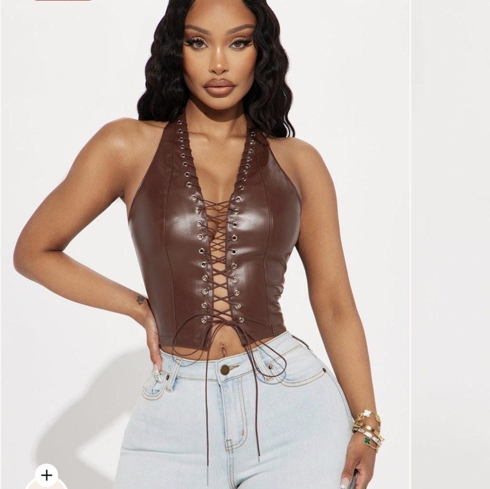 Fashion Nova Brown Lace-Up Faux Leather Halter Top